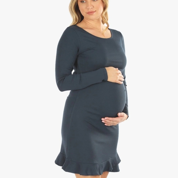 NWT Angel Maternity Long Sleeves Frilled End Bodycon Dress. Navy Blue. Size M - Picture 3 of 14
